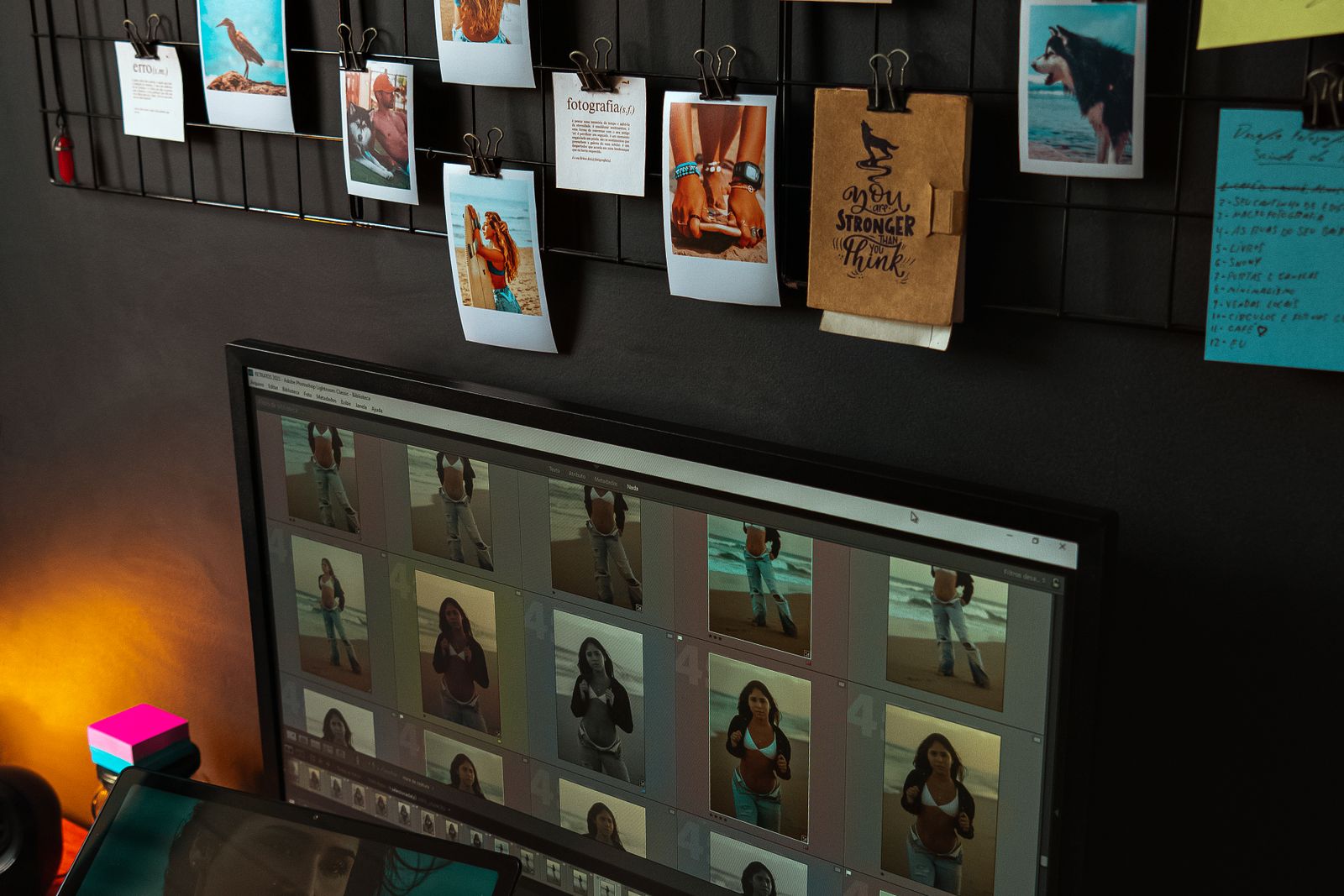 Designer reviewing a grid of similar photos on a desktop monitor