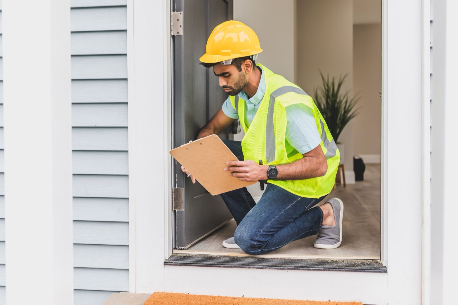 An inspector in a hard hat and safety vest checking the front door of a house