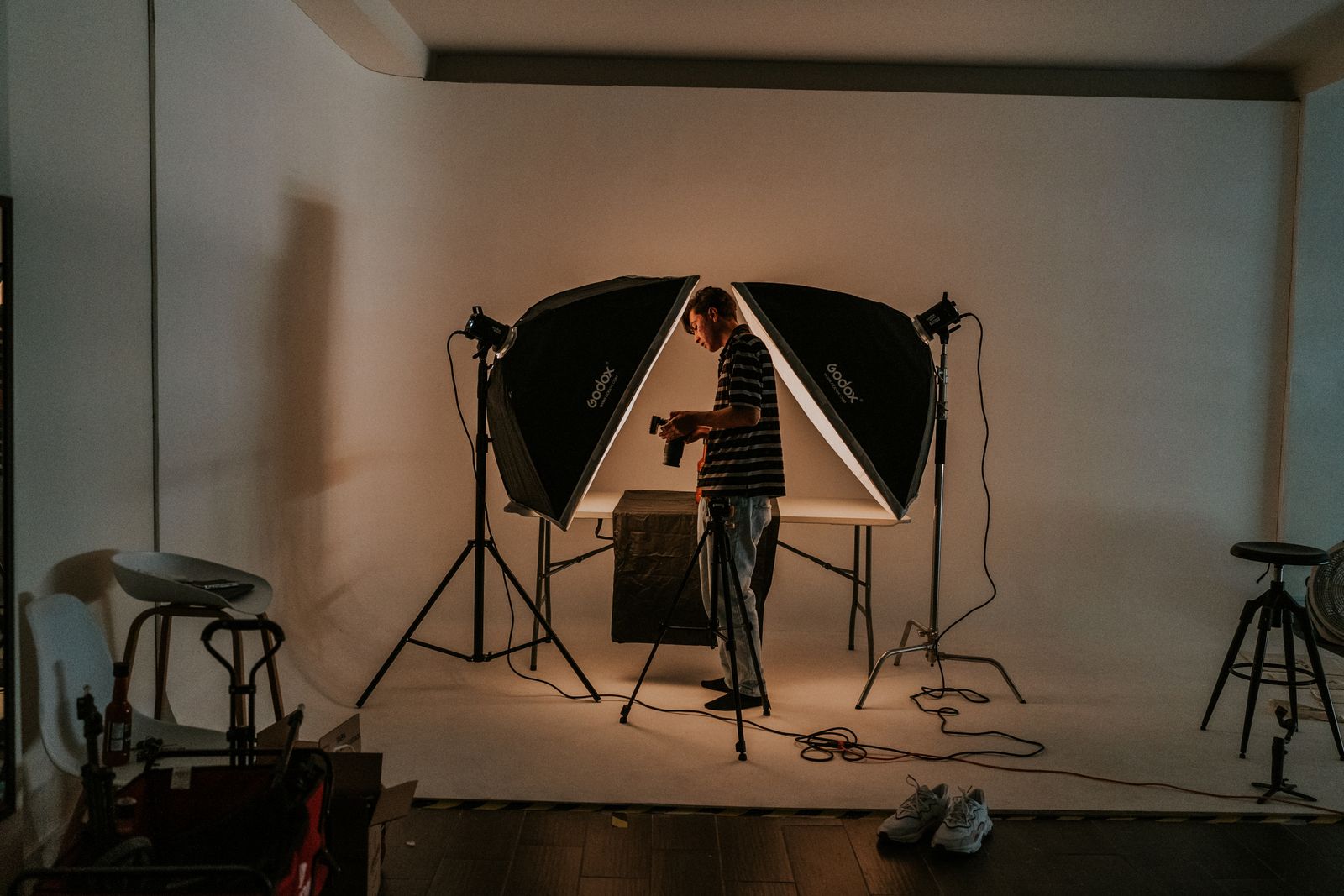 A product photography studio set up for a shoot