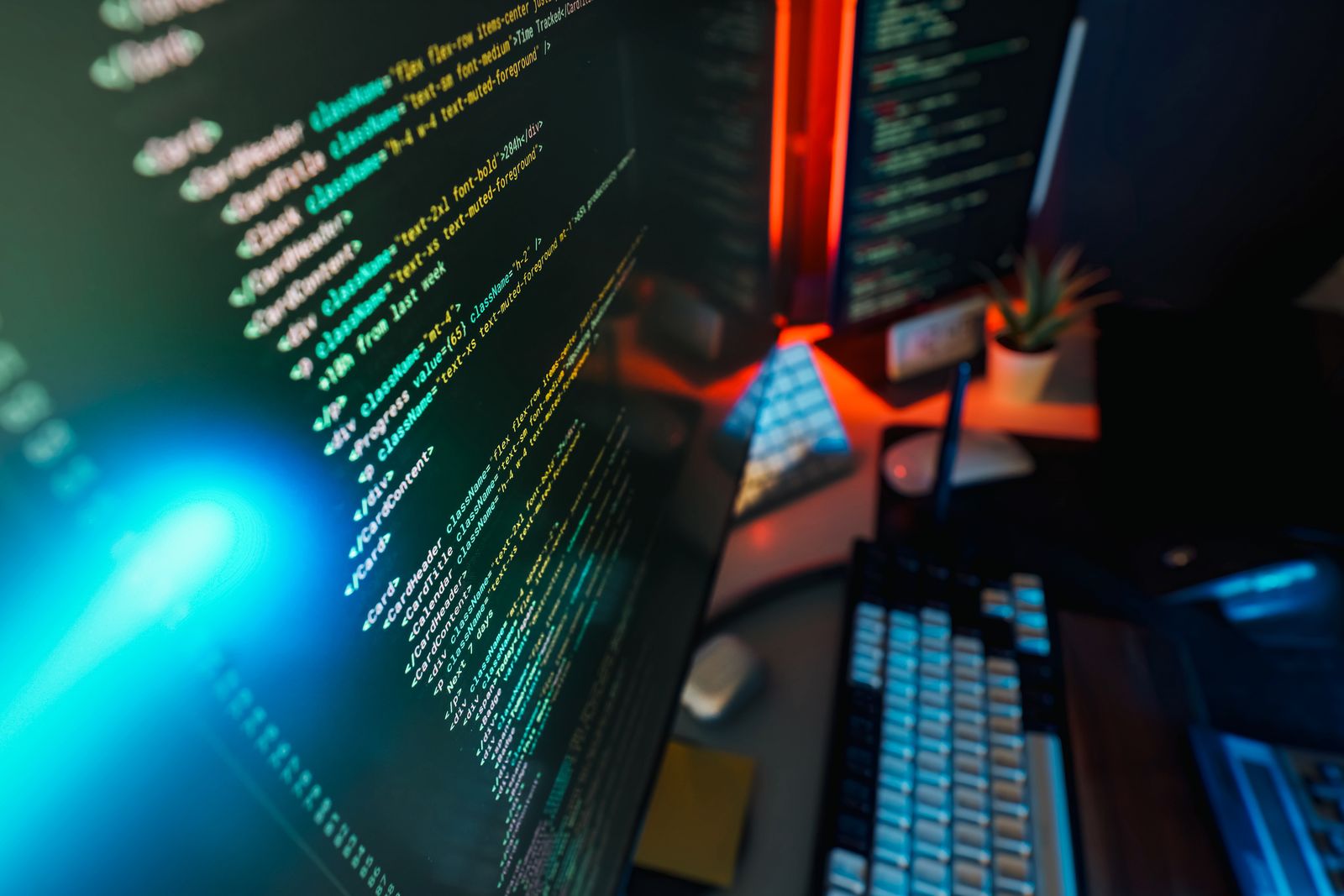 Futuristic Workspace with Coding on Monitor