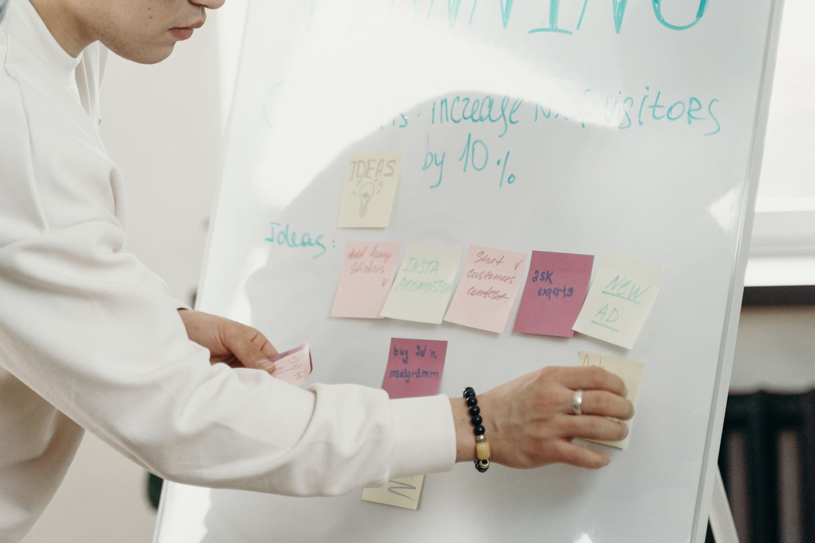 A copywriter working out ideas on a whiteboard