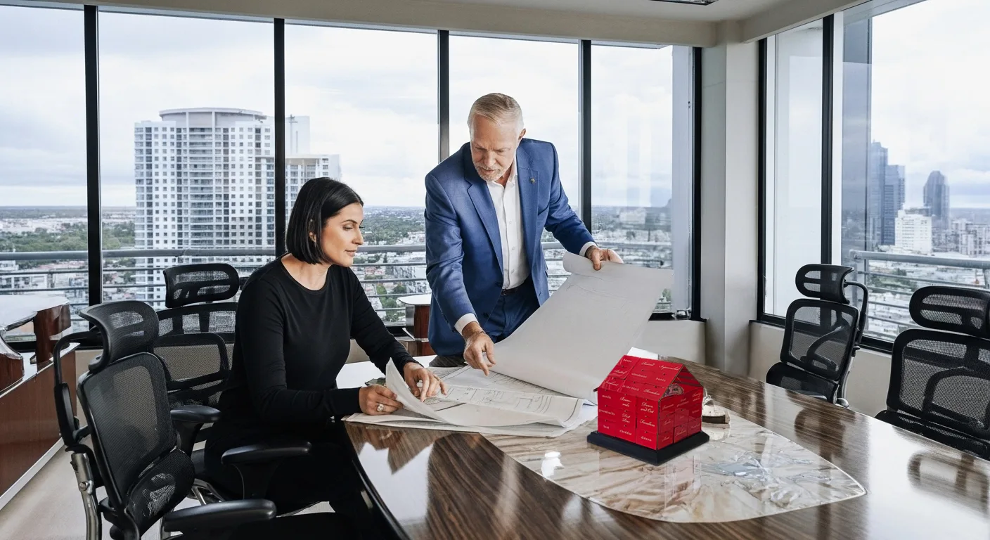 Randall Gilbert reviewing construction plans at a conference table overlooking the city