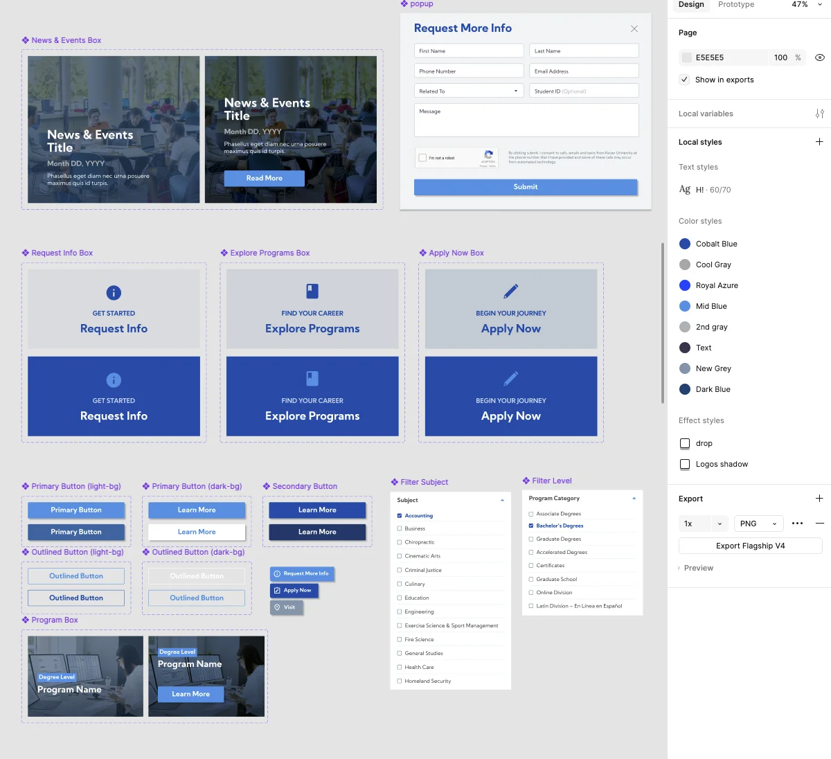Keiser University component library showing news modules, request information blocks, buttons, program cards, and filters