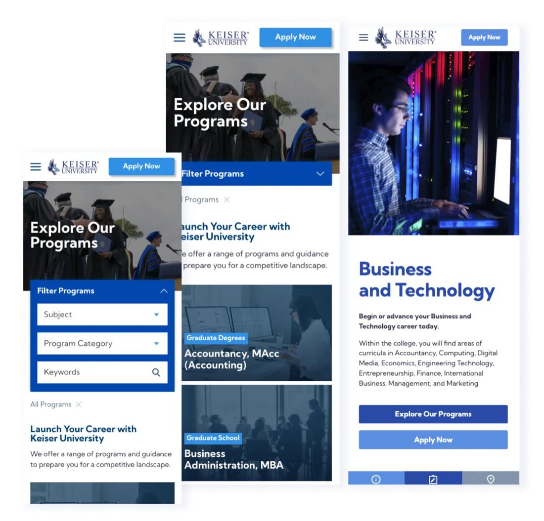 Keiser University mobile program discovery screens