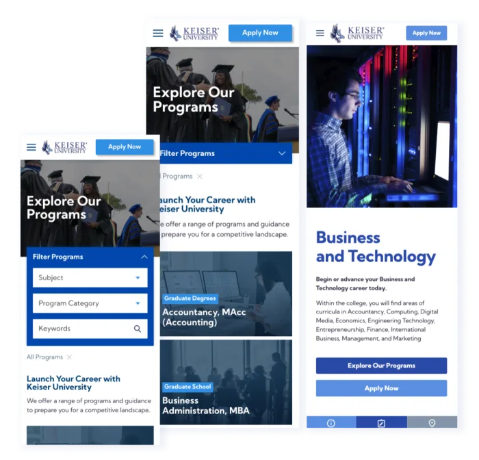 Keiser University mobile website screens
