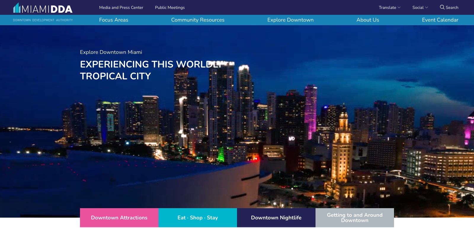 The Explore Downtown section Pacific54 built for miamidda.com, with attractions, dining, nightlife, and transit guides