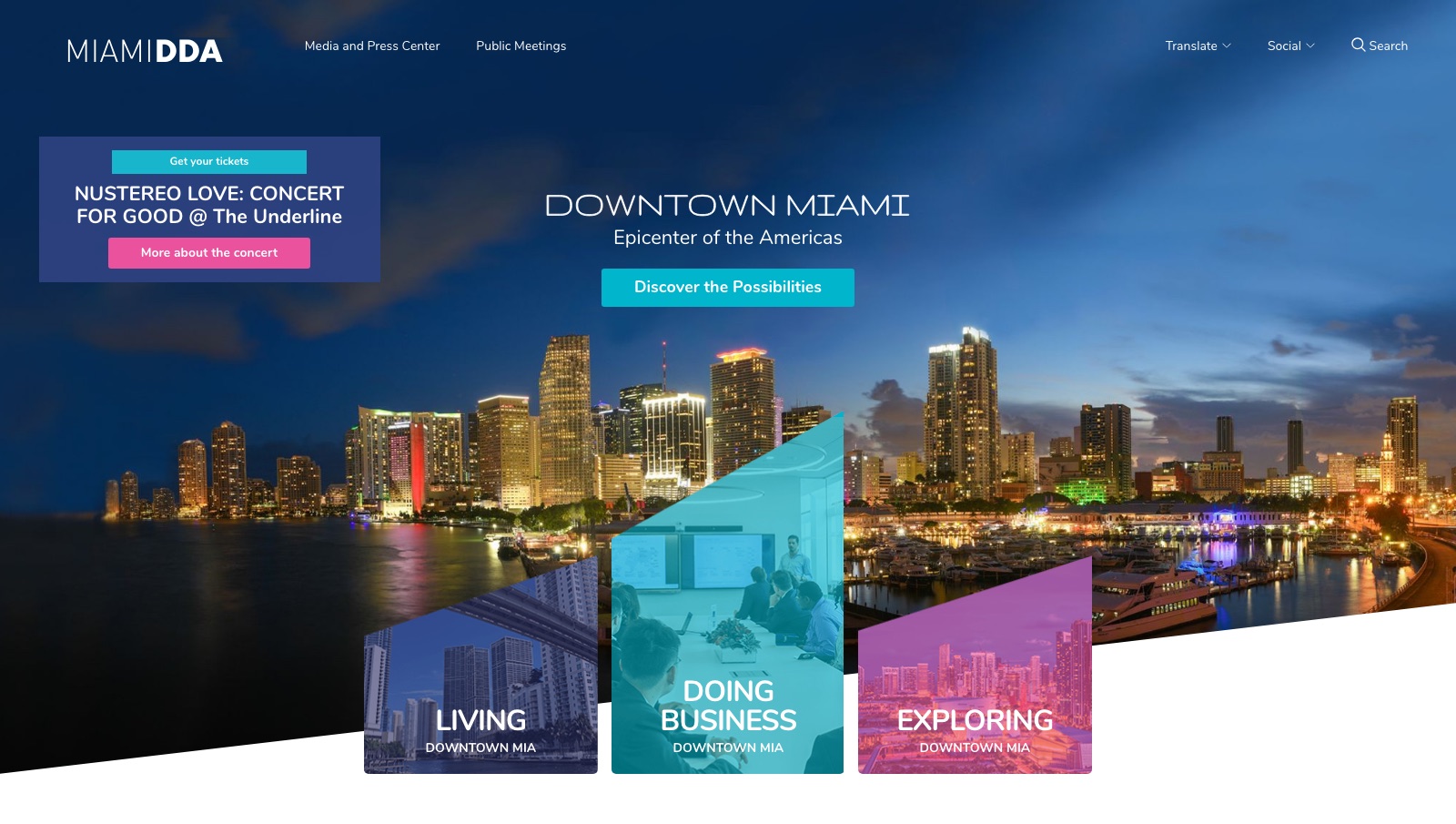 The Miami DDA homepage Pacific54 designed and built: a night skyline of Downtown Miami with Living, Doing Business, and Exploring sections