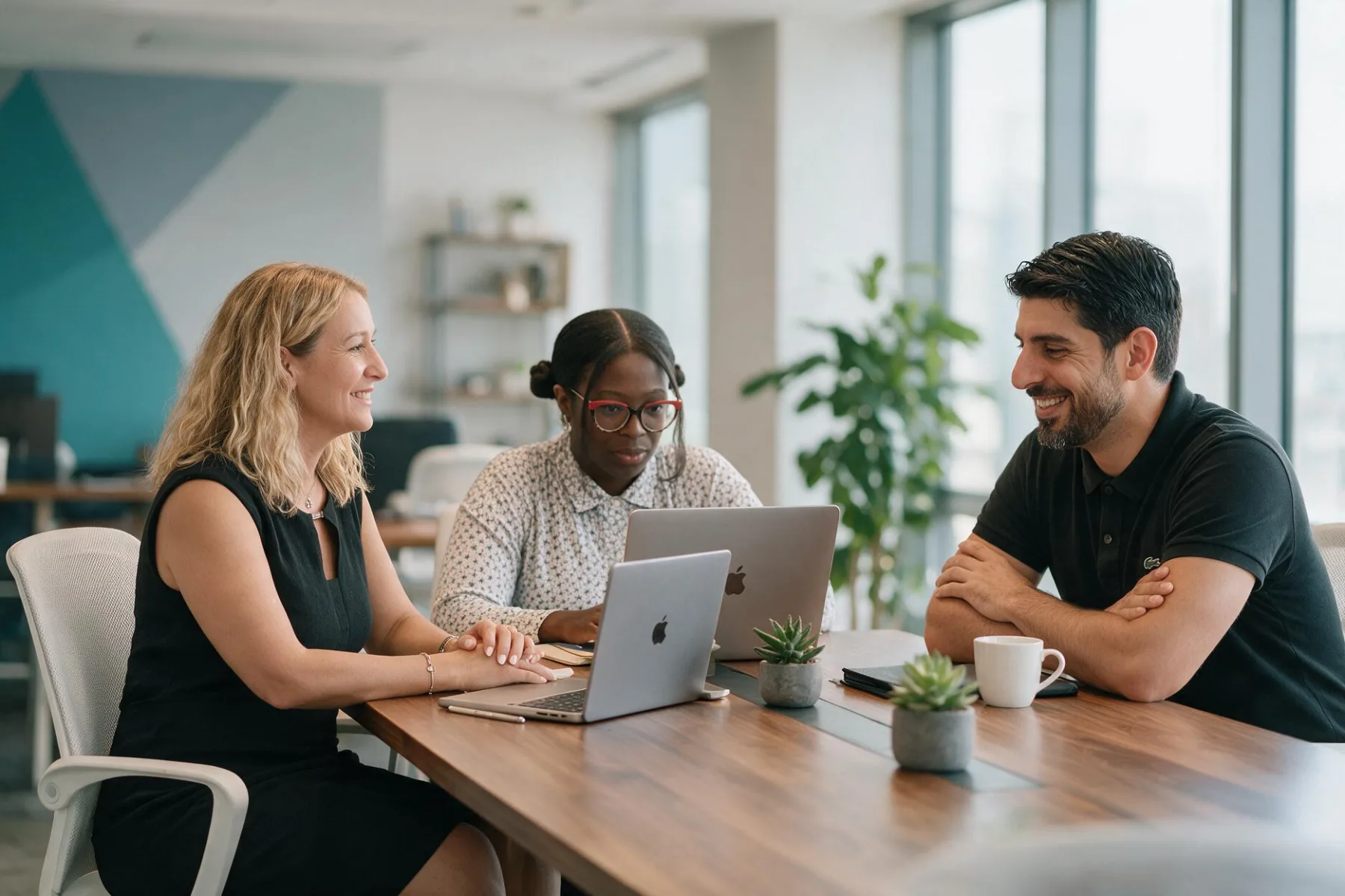 Two Pacific54 team members discussing brand work at the Miami office