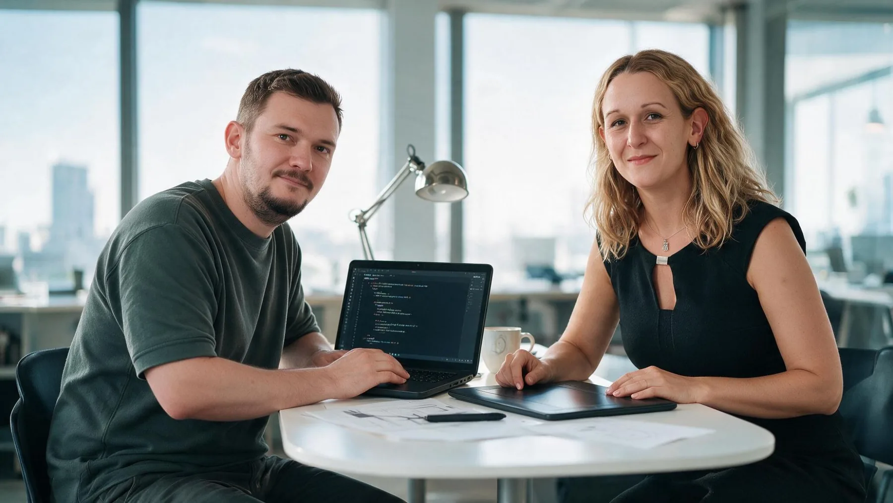 Two Pacific54 team members reviewing code and interface sketches together at a desk
