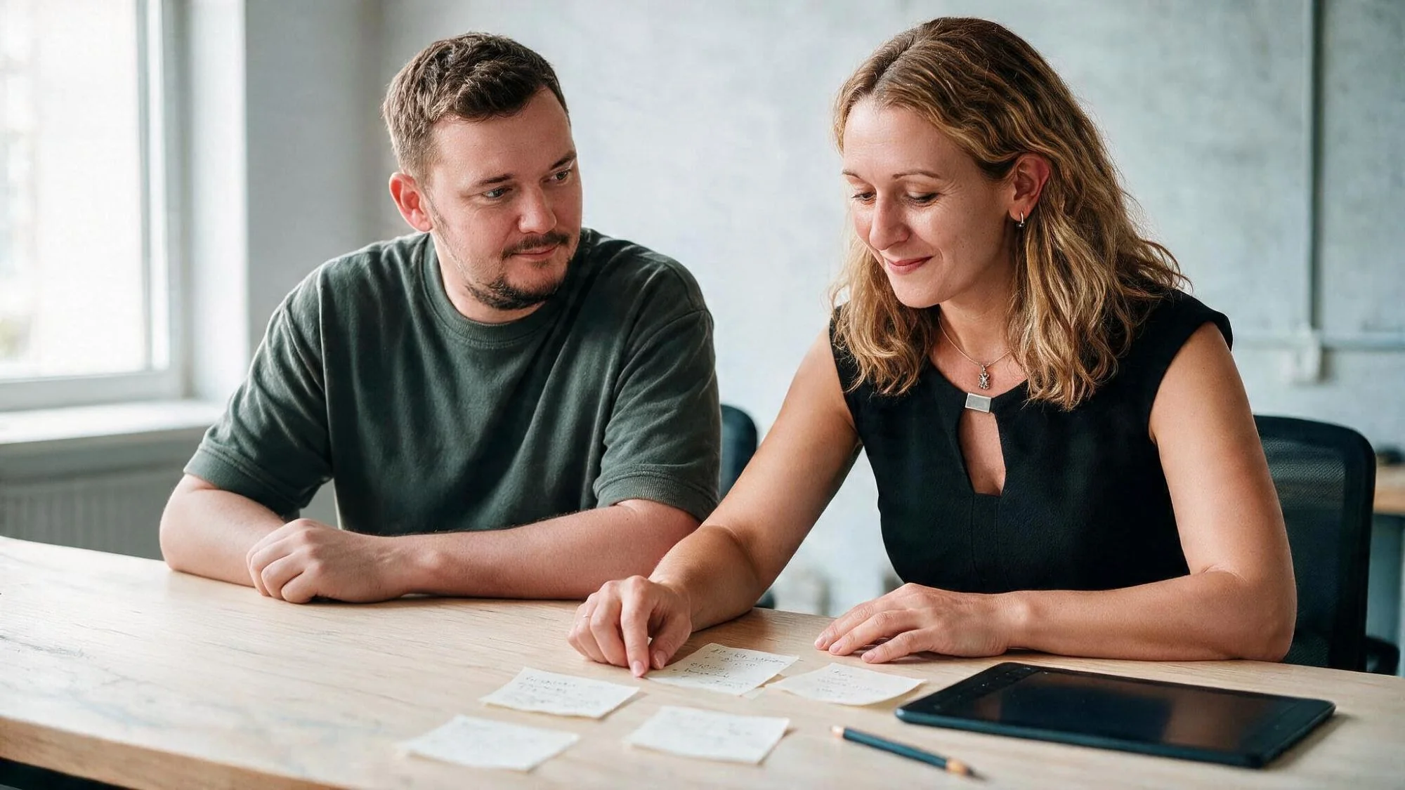 Two Pacific54 team members working through notes together at a table