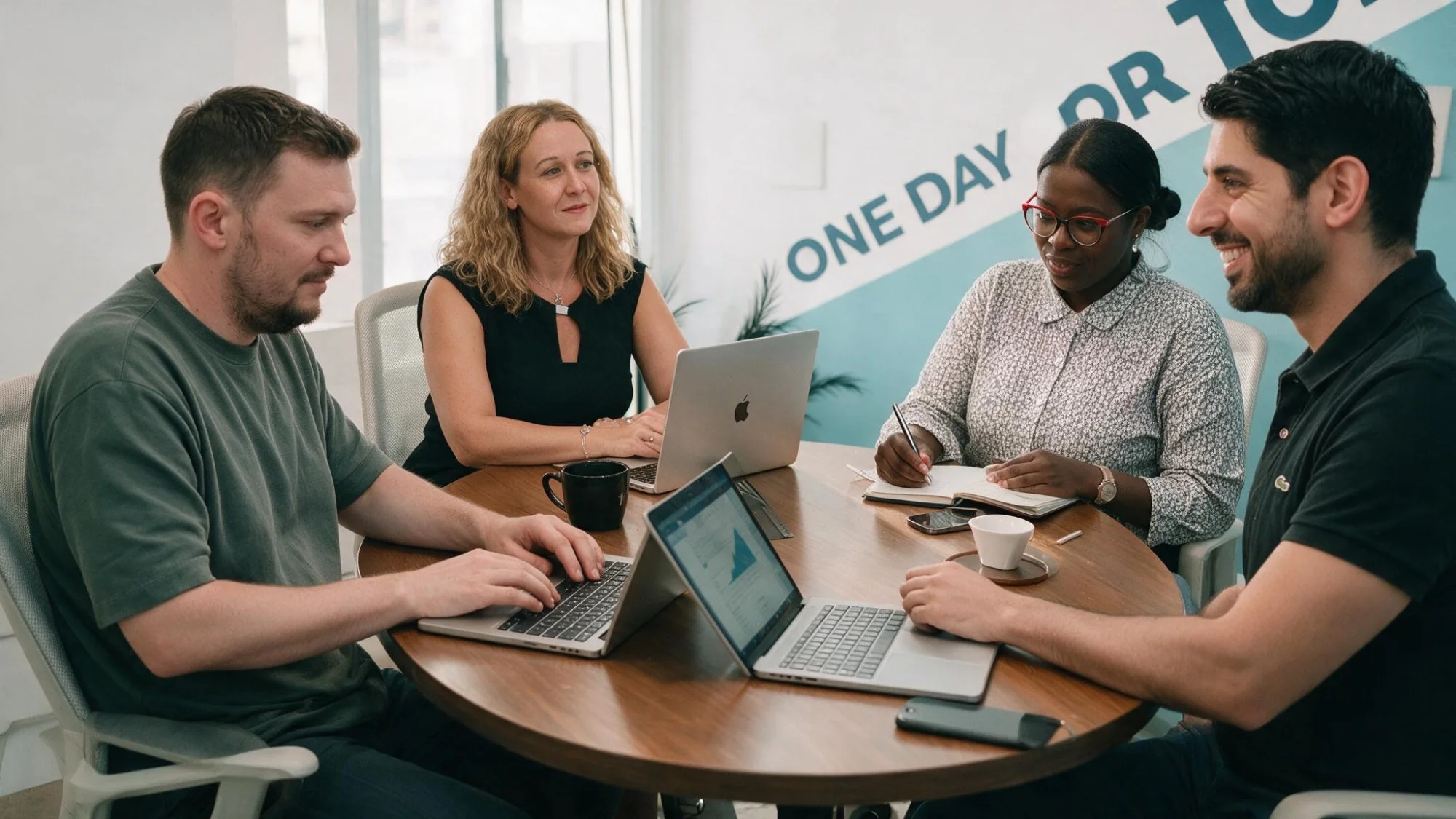 The four-person Pacific54 team working together around a table in the Miami office